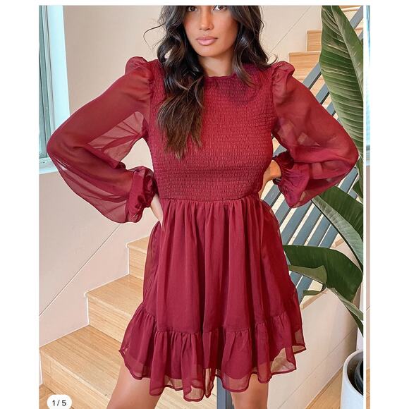 Lulus Dress Womens Small Simply the Sweetest Berry Red Long Sleeve Smocked Mini - Picture 1 of 11